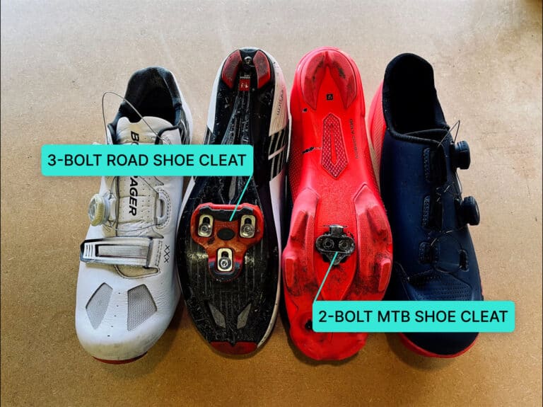 cycling shoes with 2 bolt and 3 bolt cleat fittings label