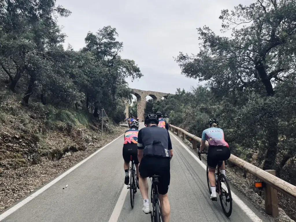 Cyclists riding on a road towards an old stone arch bridge surrounded by leafy trees.