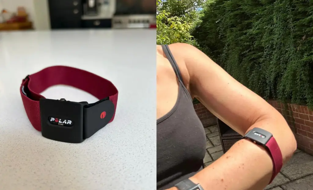 There's a red Polar fitness sensor chilling on a table, and another shot of it wrapped around someone's arm while they're outside.