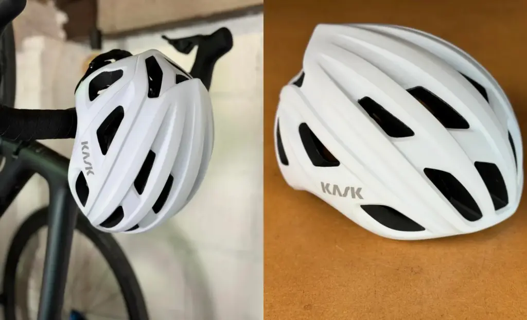 Alright, you've got a couple of pics of a white Kask bike helmet. One's hanging off a bike handlebar, and the other one's chilling on some wood.